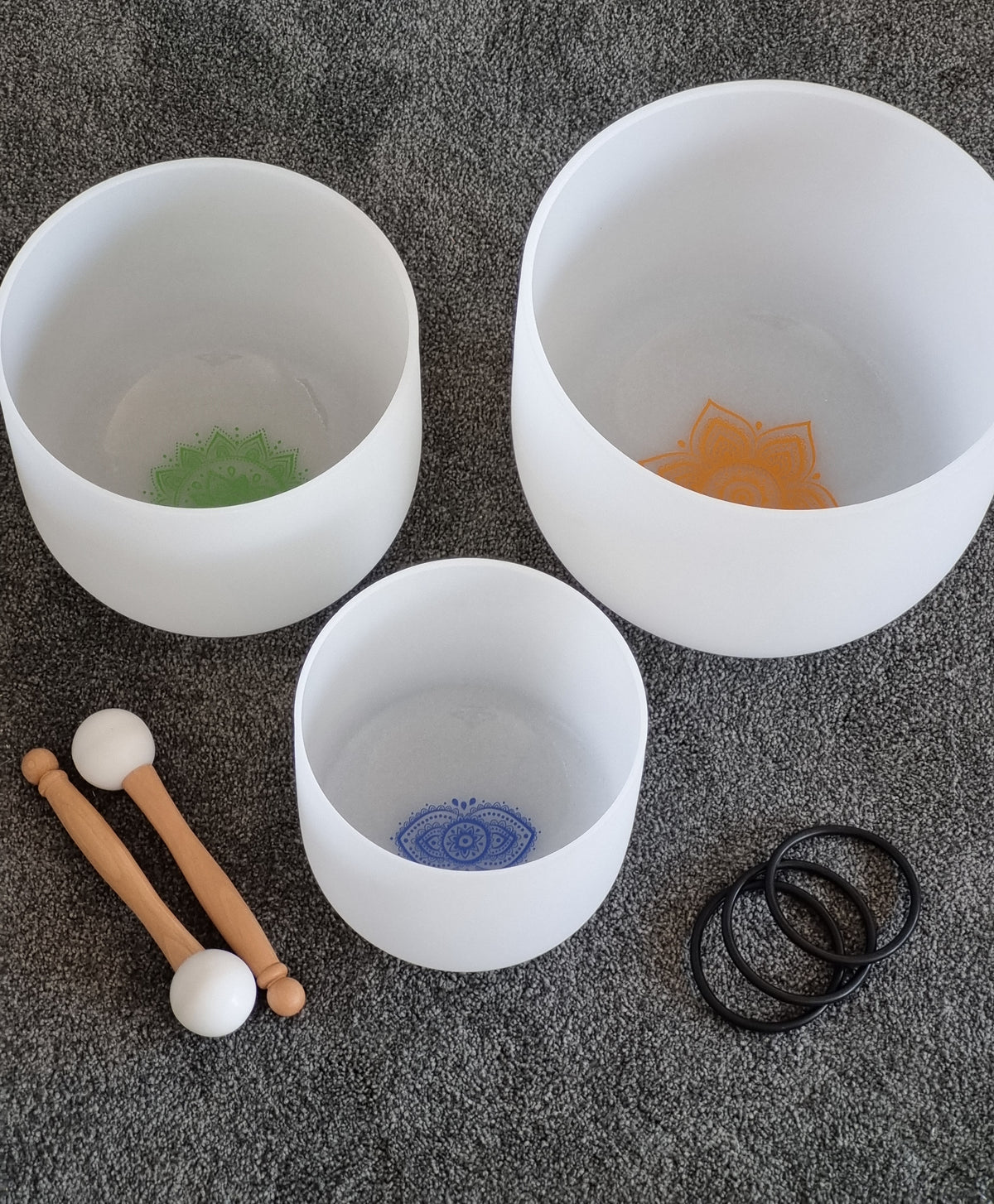 Set of 3 White Quartz Crystal Singing Bowls with Symbols
