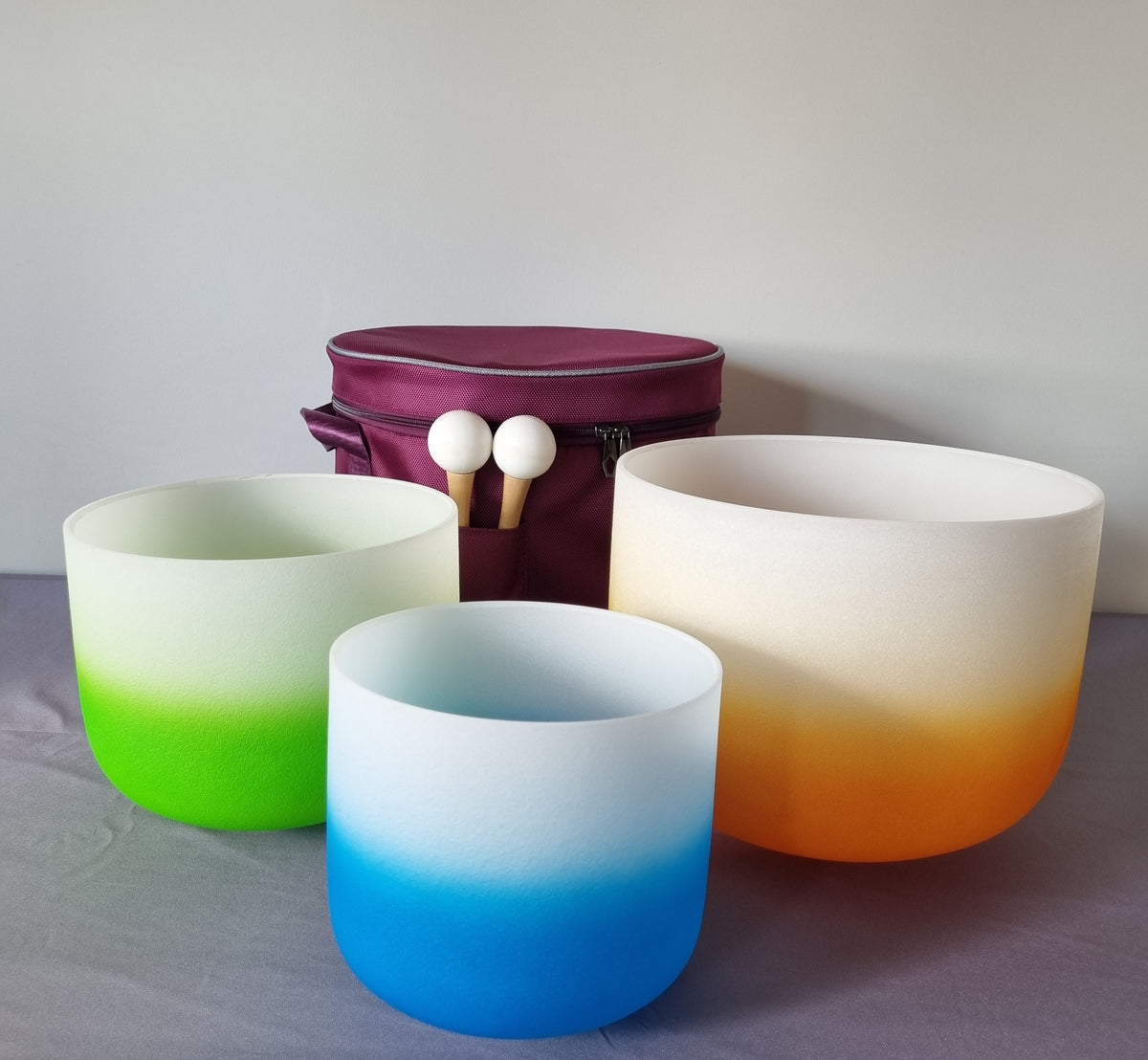 Set of 3 Gradient Coloured Quartz Crystal Singing Bowls