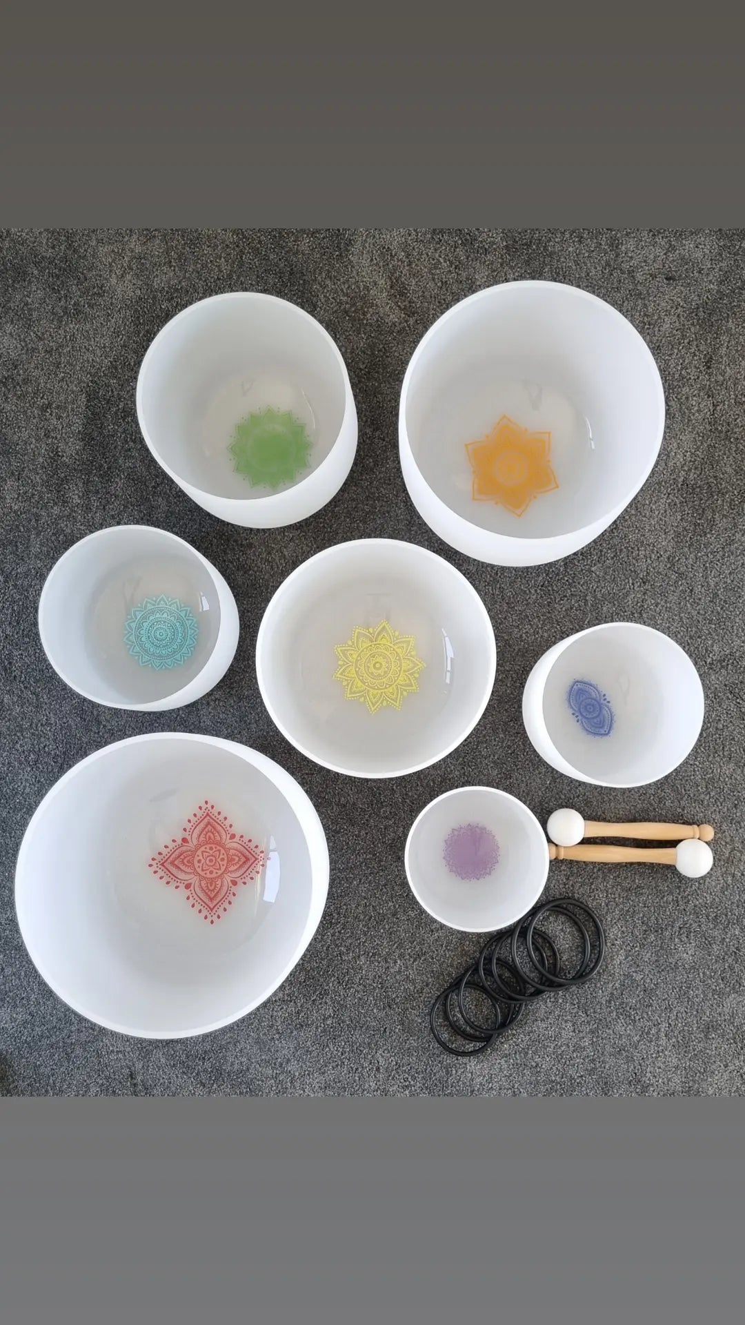 Full Set of 7 White Quartz Crystal Singing Bowls with Symbols