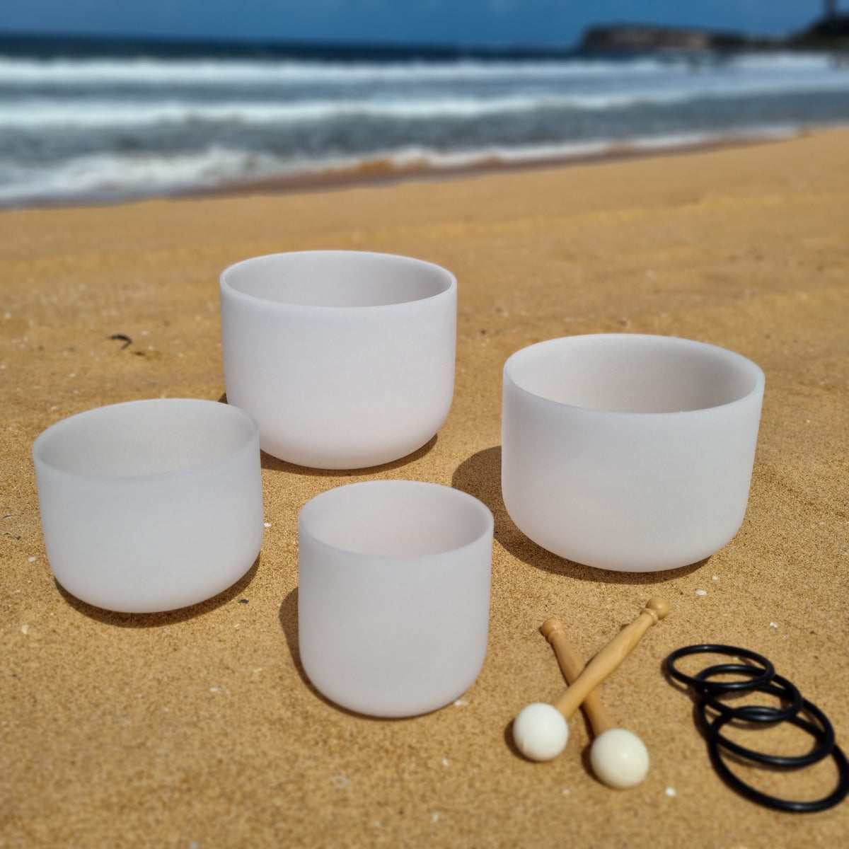 Set of 4 Plain White Crystal Quartz Crystal Singing Bowls - NO Symbols