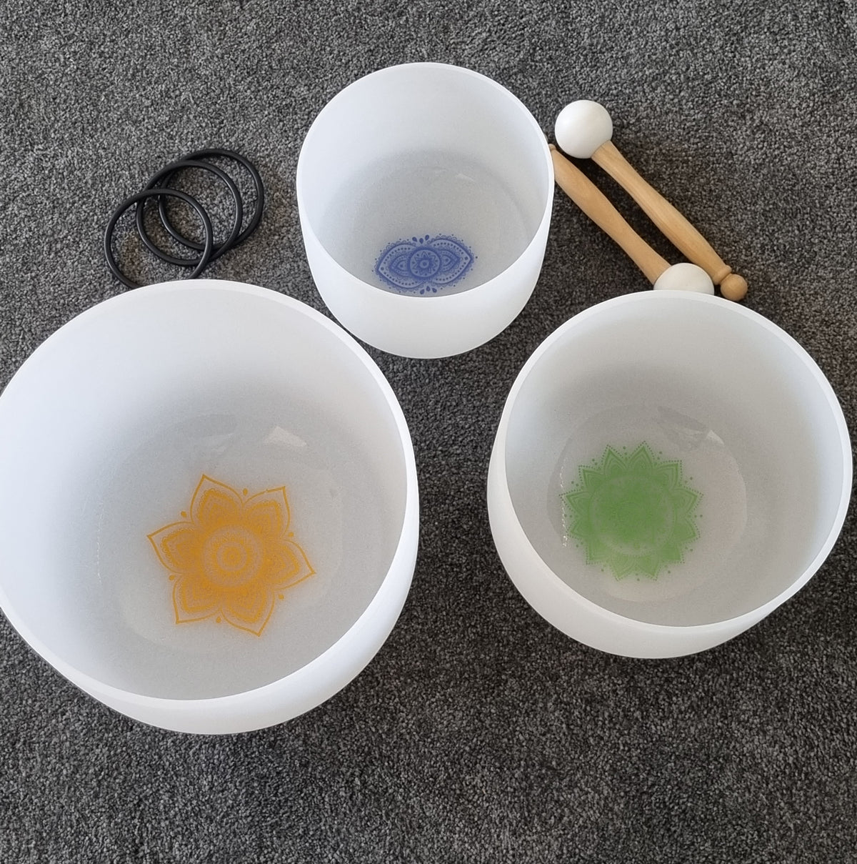 Set of 3 White Quartz Crystal Singing Bowls with Symbols