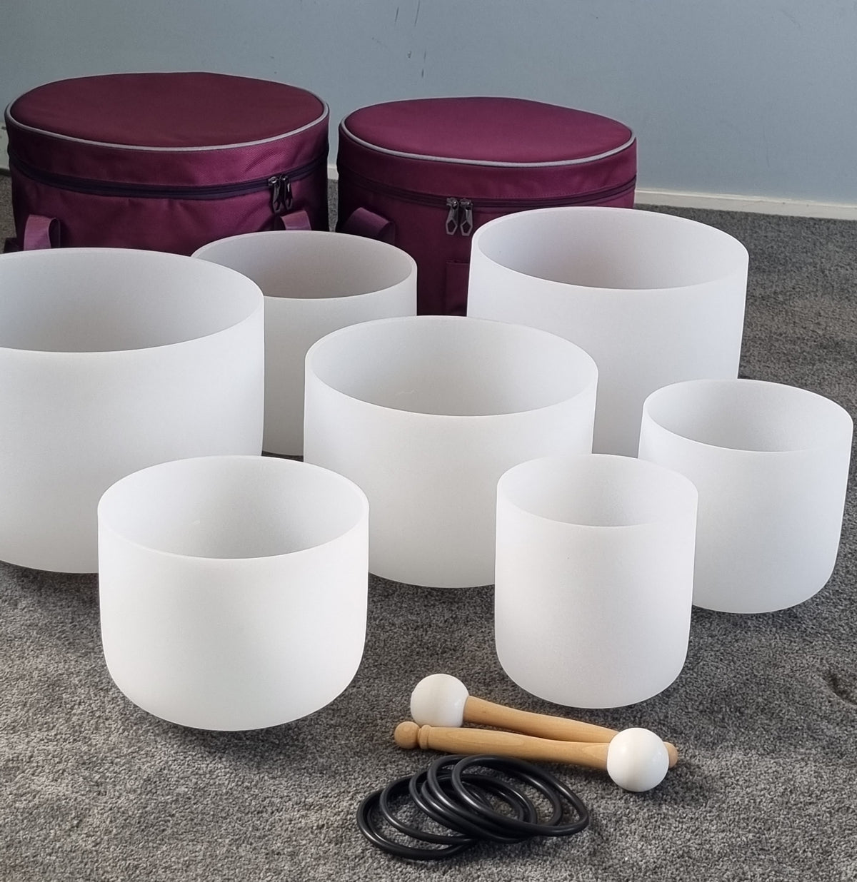 Full Set of 7 White Quartz Crystal Singing Bowls with Symbols