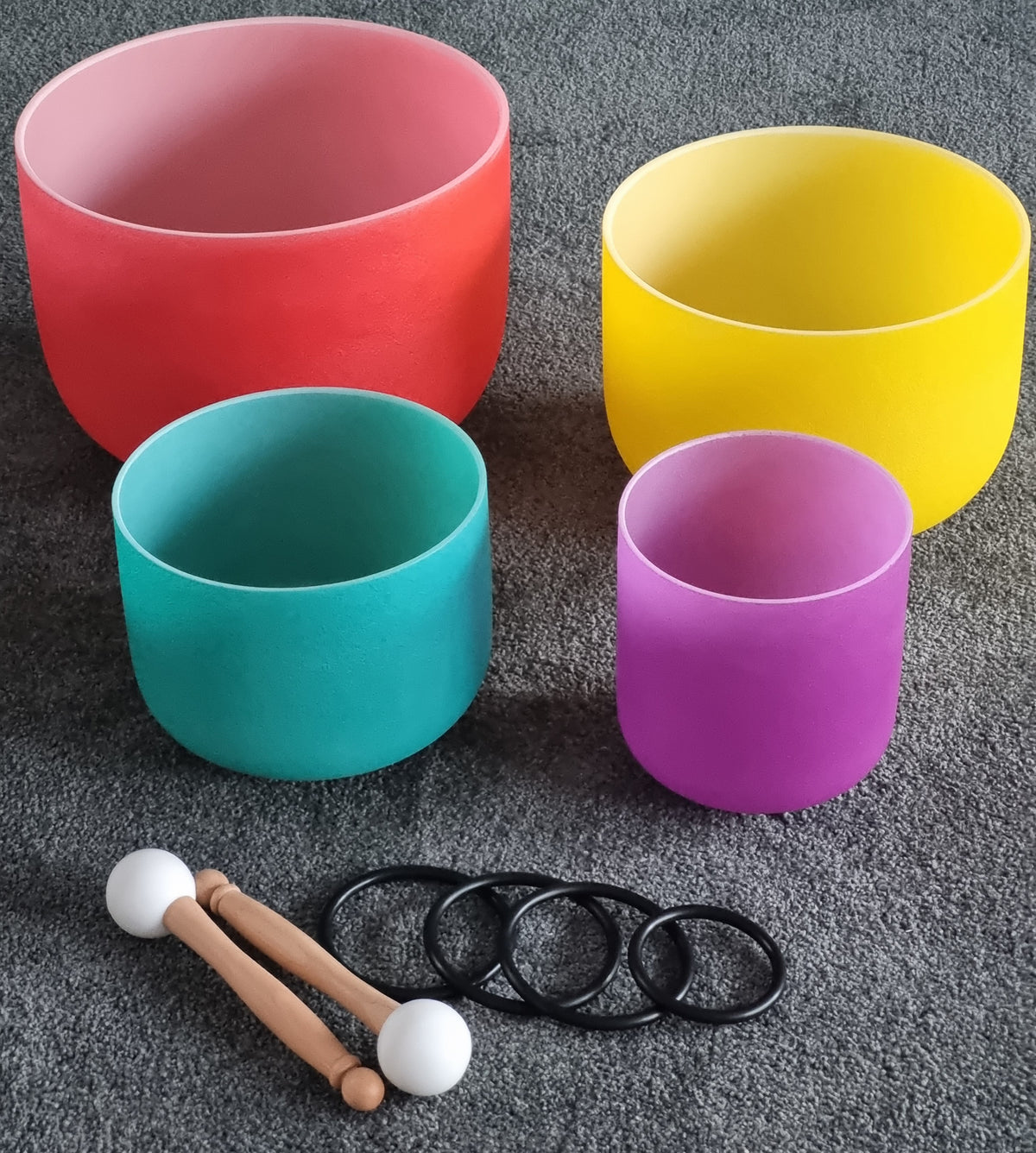 Set of 4 Colour Quartz Crystal Singing Bowls