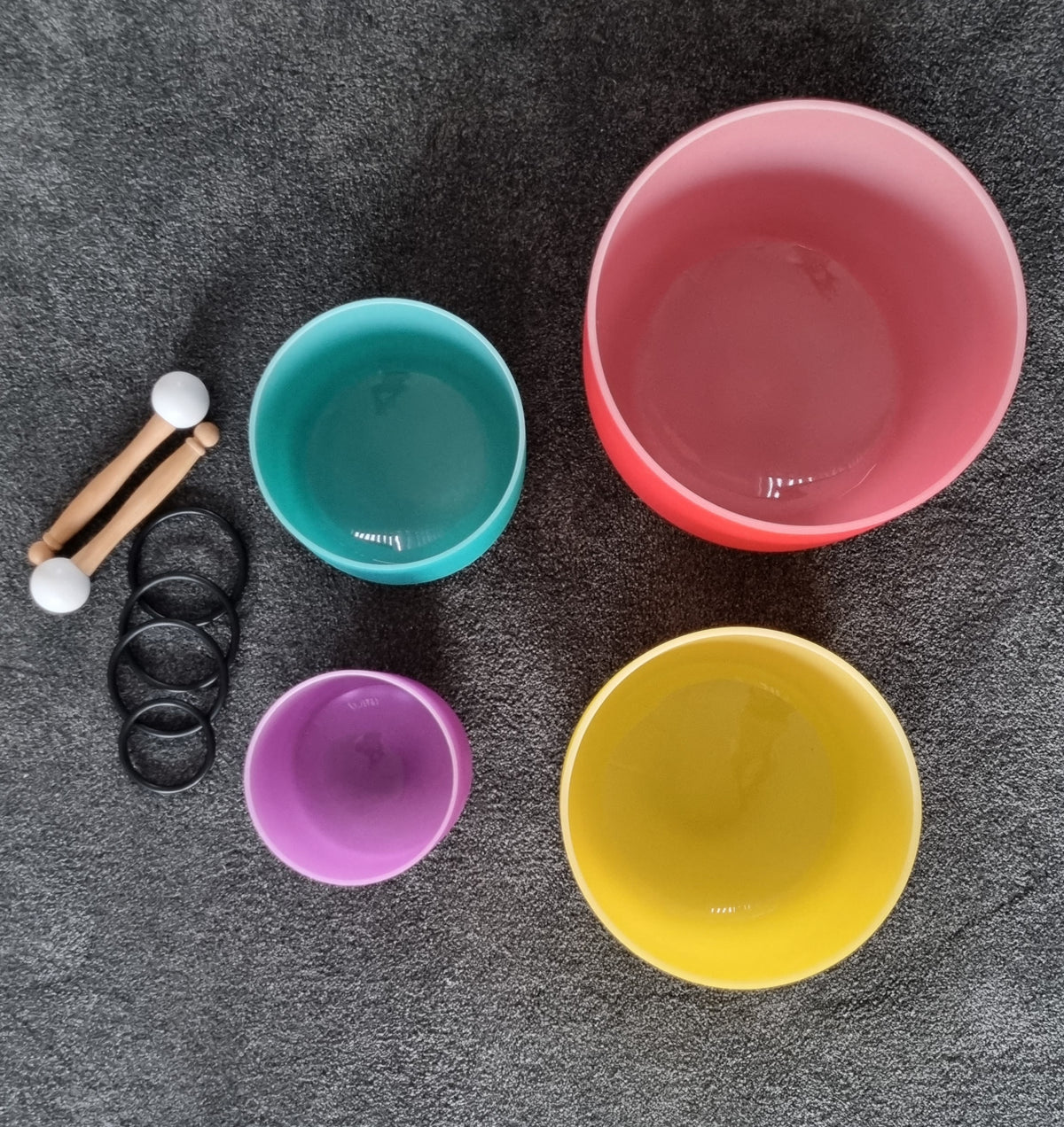 Set of 4 Colour Quartz Crystal Singing Bowls