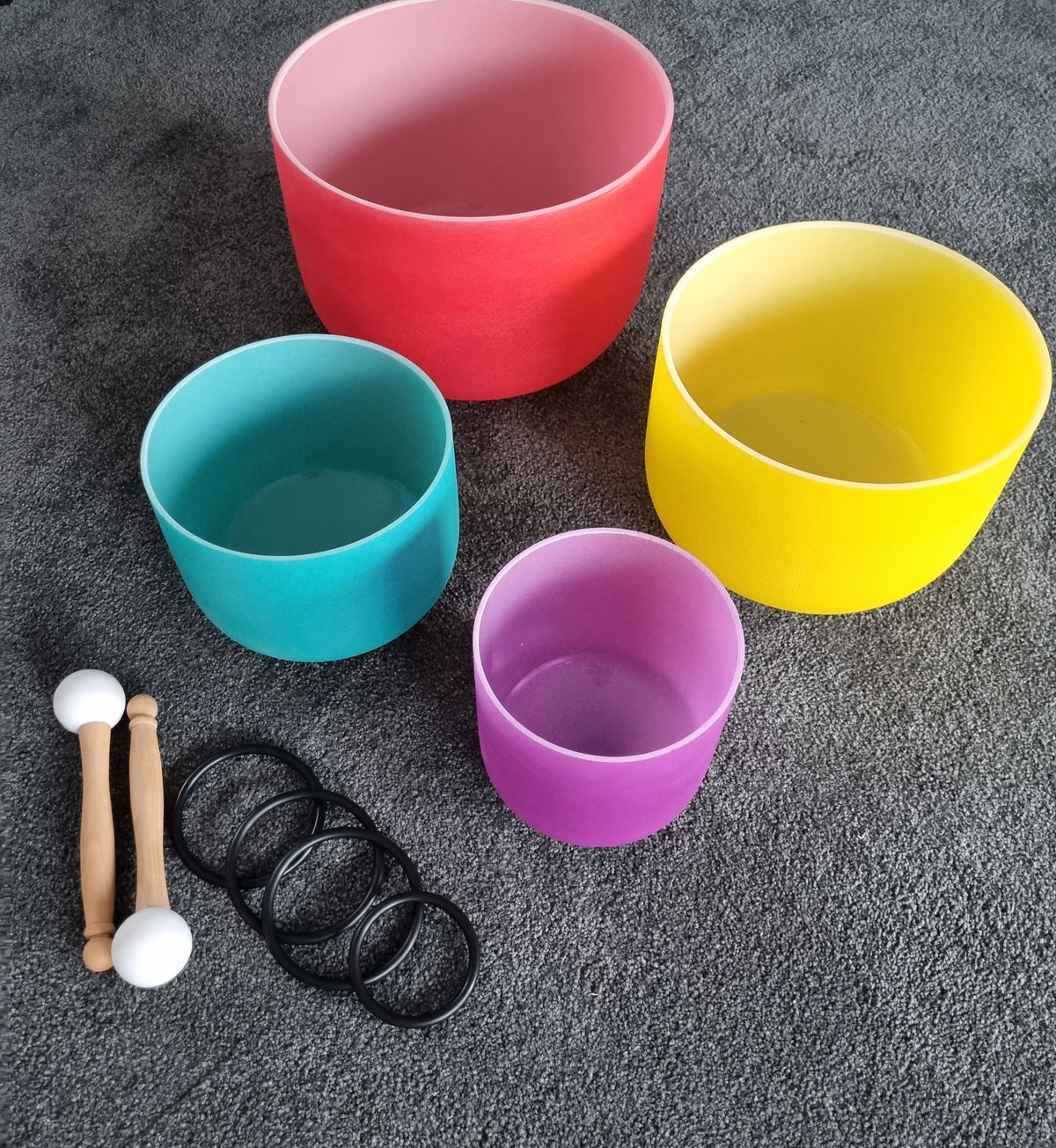 Set of 4 Colour Quartz Crystal Singing Bowls