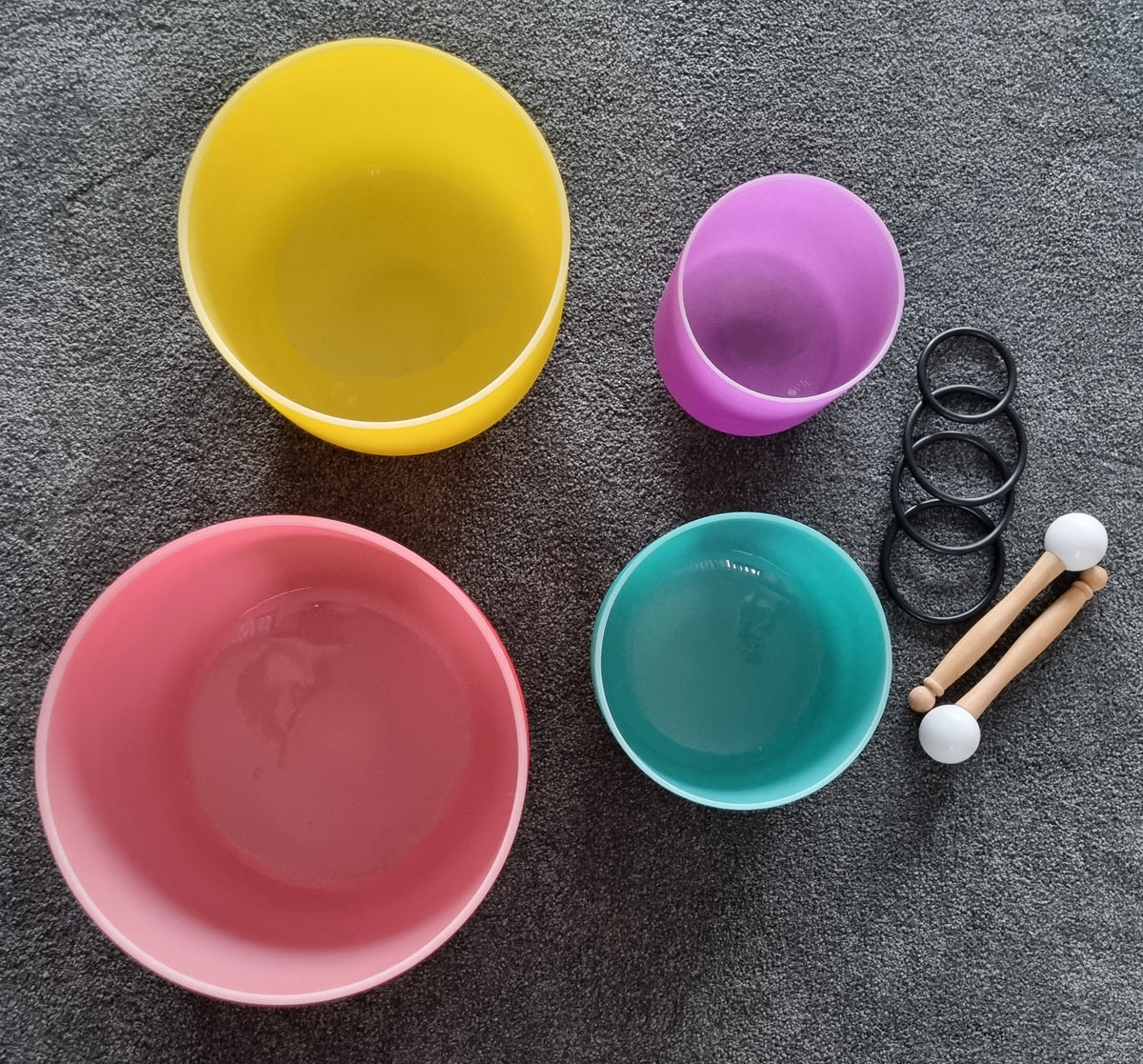 Set of 4 Colour Quartz Crystal Singing Bowls