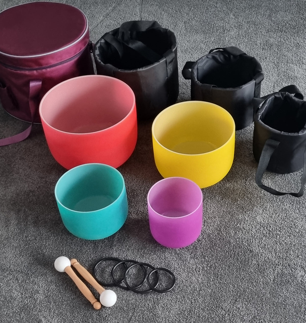 Set of 4 Colour Quartz Crystal Singing Bowls