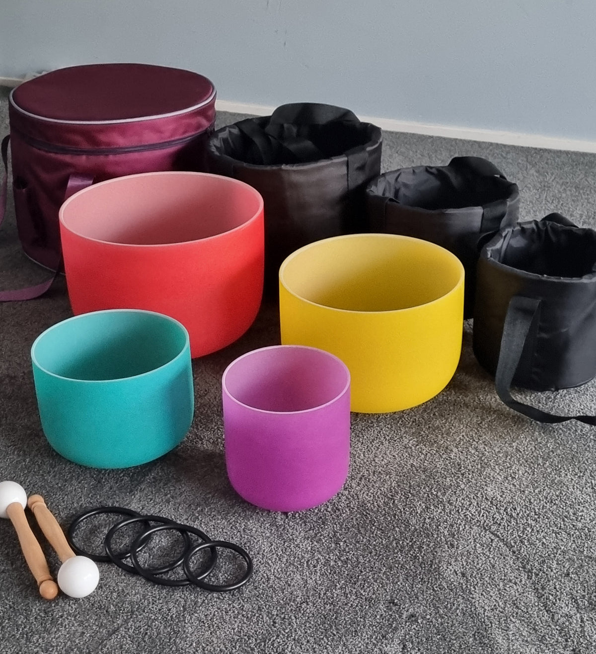 Set of 4 Colour Quartz Crystal Singing Bowls