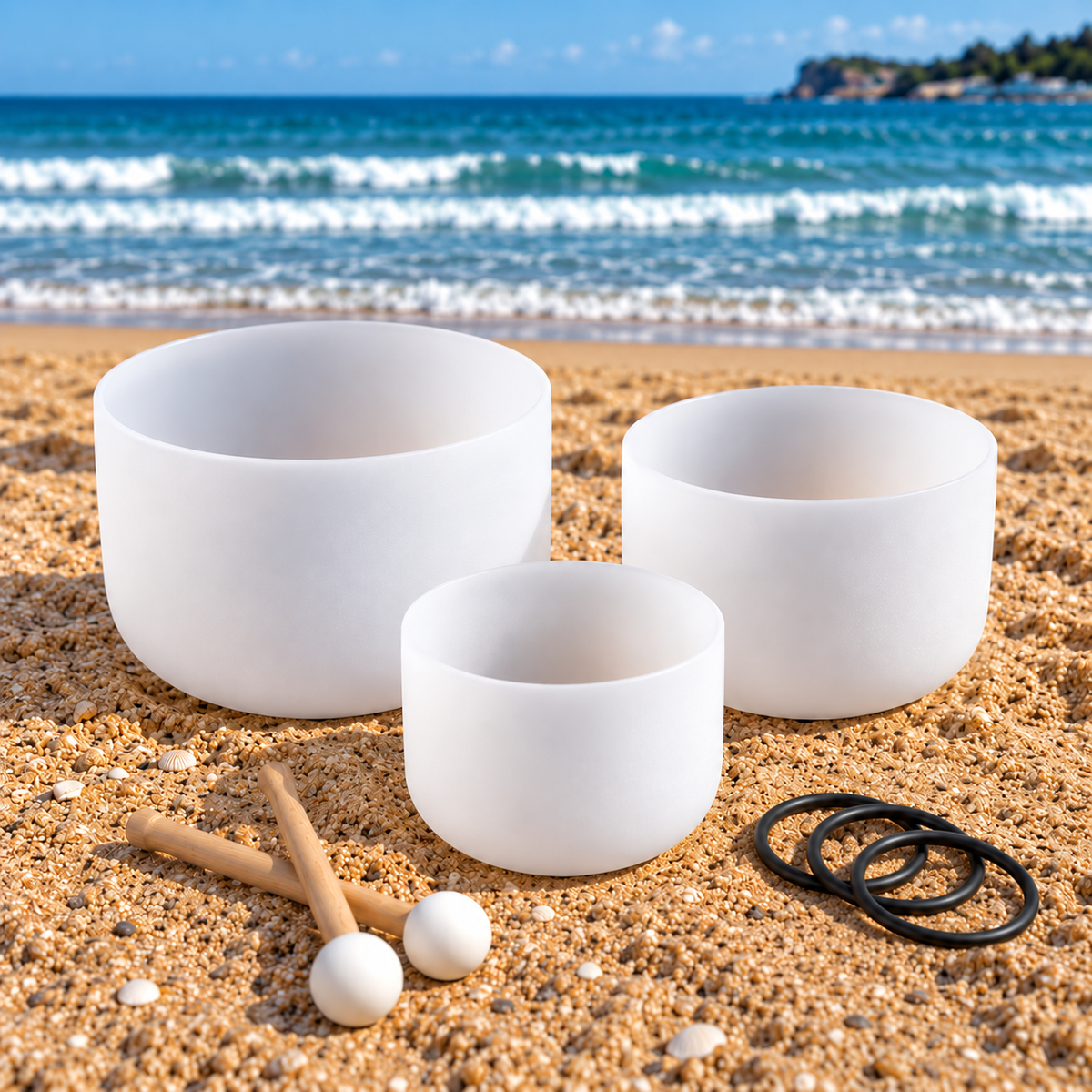 Set of 3 Plain White Quartz Crystal Singing Bowls - NO Symbols