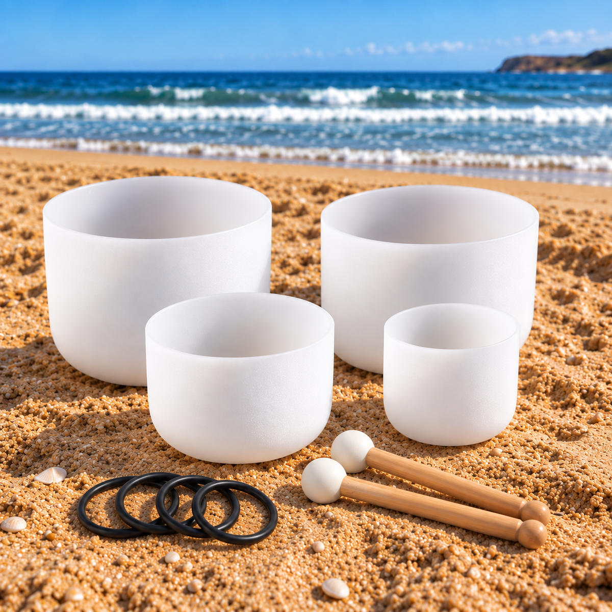 Set of 4 Plain White Crystal Quartz Crystal Singing Bowls - NO Symbols