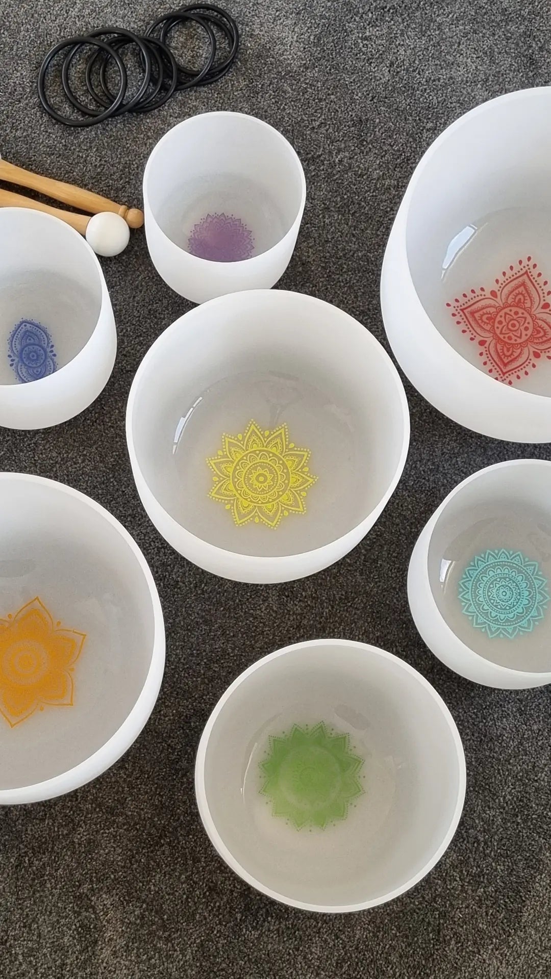 Full Set of 7 White Quartz Crystal Singing Bowls with Symbols