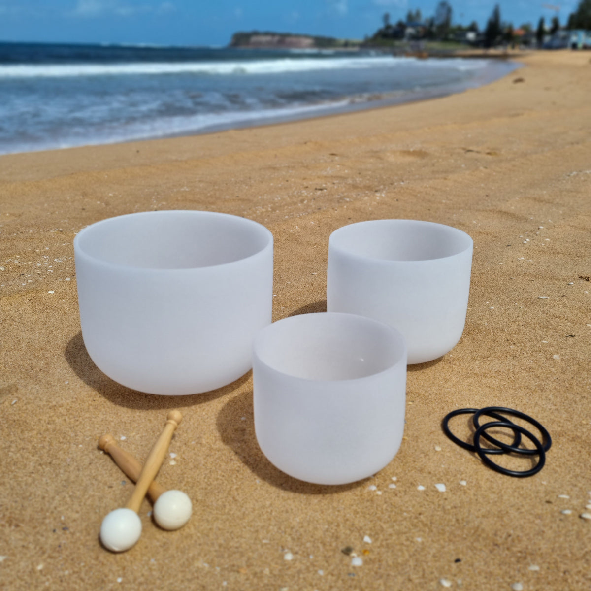 Set of 3 Plain White Quartz Crystal Singing Bowls - NO Symbols