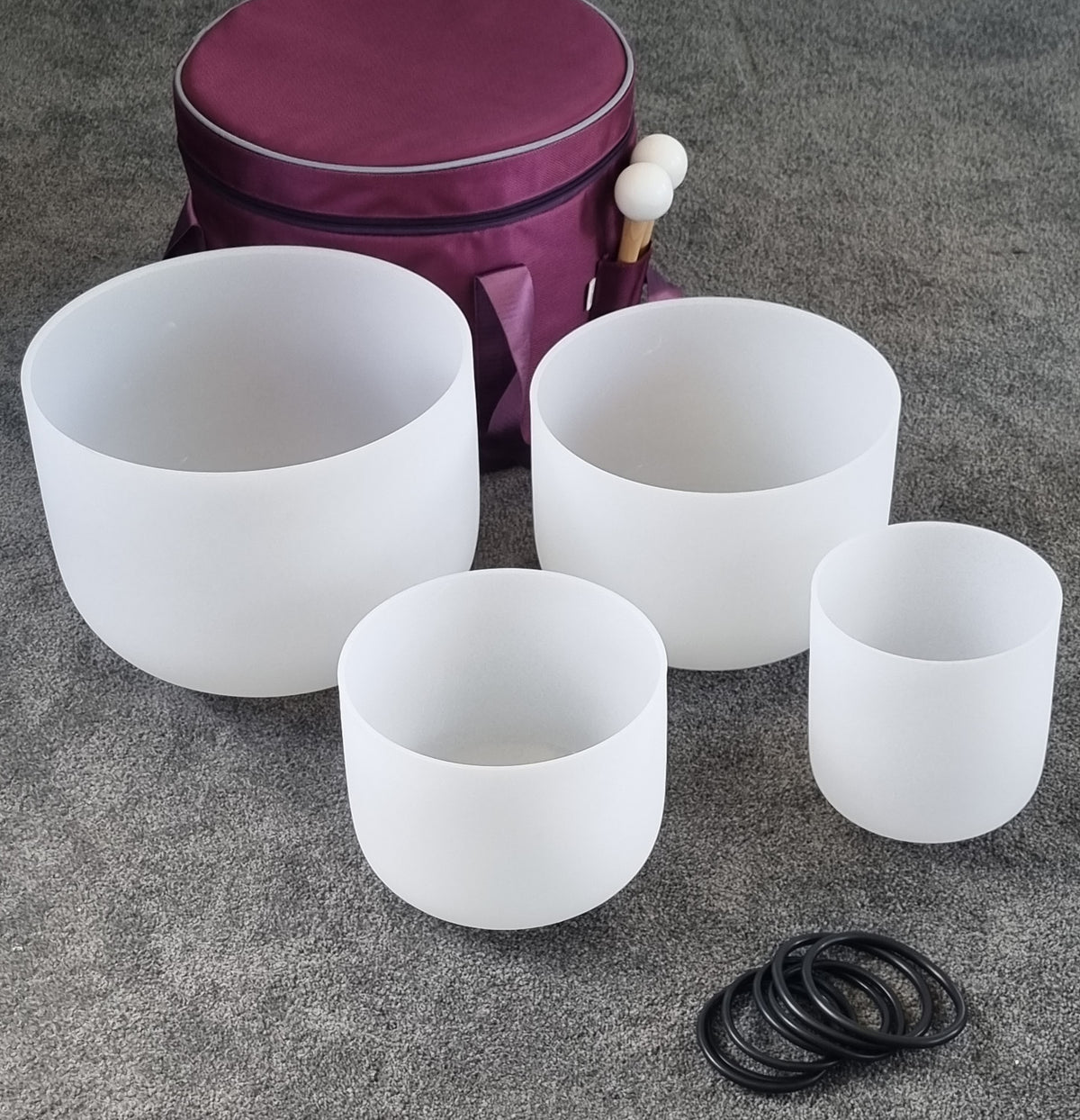 Set of 4 Plain White Crystal Quartz Crystal Singing Bowls - NO Symbols