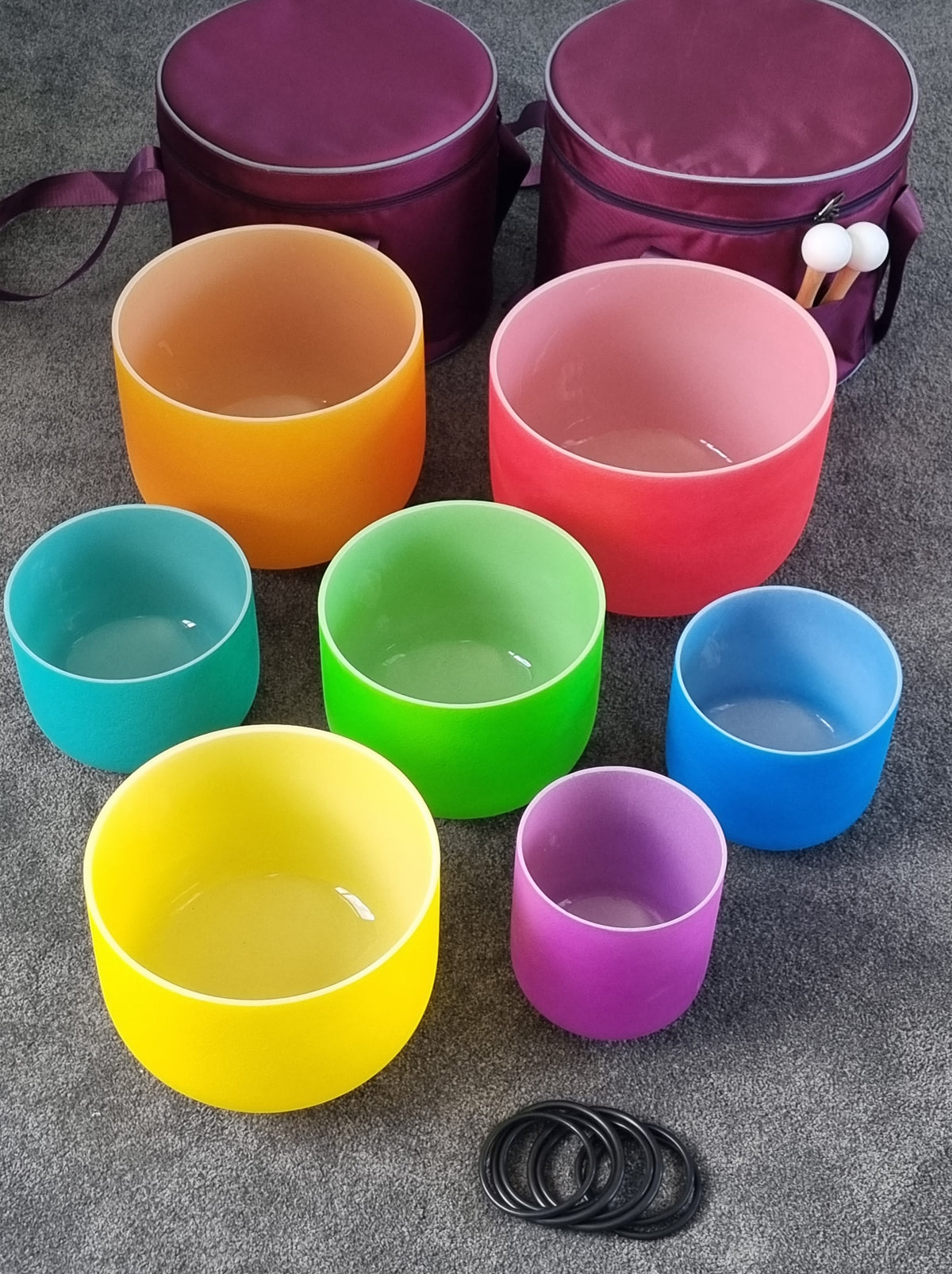 Full Set of 7 Colour Quartz Crystal Singing Bowls